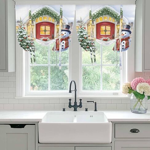 Christmas Snowman Tie Up Curtains for Window, Xmas Tree Winter Thermal Insulated Balloon Shade Adjustable Rod Pocket Curtains Valance Panels for Kitchen Bathroom Café 46'' x 63'' in Saudi Arabia