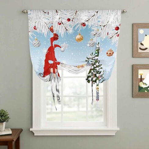Red Blue Gnomes Christmas Tie Up Curtains for Window, Snowflake Xmas Tree Gifts Winter Thermal Balloon Shade Adjustable Rod Pocket Curtains Valance Panels for Kitchen Bathroom Café 46'' x 63'' in Saudi Arabia