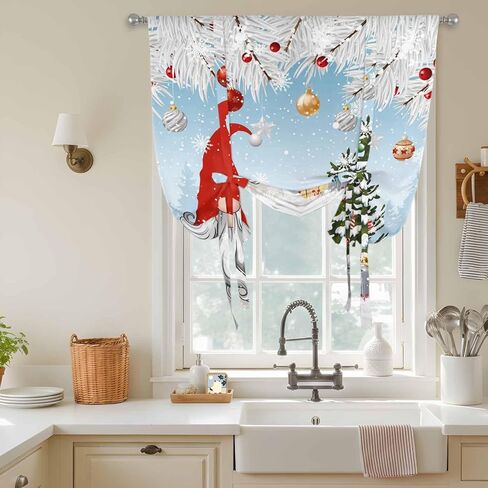 Red Blue Gnomes Christmas Tie Up Curtains for Window, Snowflake Xmas Tree Gifts Winter Thermal Balloon Shade Adjustable Rod Pocket Curtains Valance Panels for Kitchen Bathroom Café 46'' x 63'' in Saudi Arabia