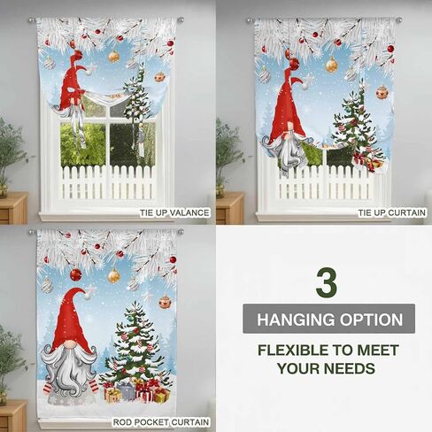 Red Blue Gnomes Christmas Tie Up Curtains for Window, Snowflake Xmas Tree Gifts Winter Thermal Balloon Shade Adjustable Rod Pocket Curtains Valance Panels for Kitchen Bathroom Café 46'' x 63'' in Saudi Arabia