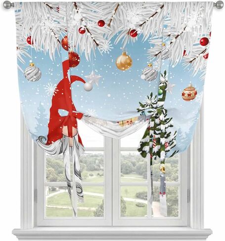 Red Blue Gnomes Christmas Tie Up Curtains for Window, Snowflake Xmas Tree Gifts Winter Thermal Balloon Shade Adjustable Rod Pocket Curtains Valance Panels for Kitchen Bathroom Café 46'' x 63'' in Saudi Arabia