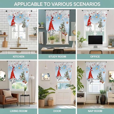 Red Blue Gnomes Christmas Tie Up Curtains for Window, Snowflake Xmas Tree Gifts Winter Thermal Balloon Shade Adjustable Rod Pocket Curtains Valance Panels for Kitchen Bathroom Café 46'' x 63'' in Saudi Arabia