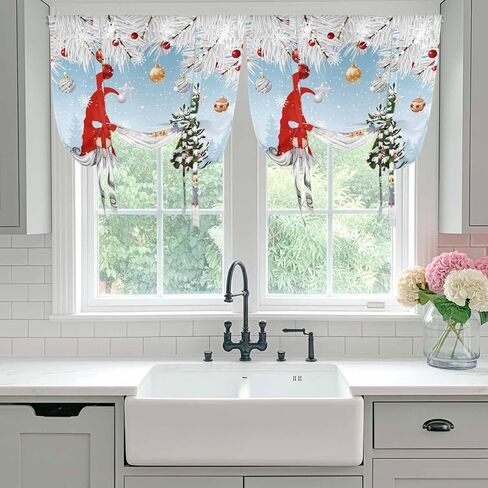 Red Blue Gnomes Christmas Tie Up Curtains for Window, Snowflake Xmas Tree Gifts Winter Thermal Balloon Shade Adjustable Rod Pocket Curtains Valance Panels for Kitchen Bathroom Café 46'' x 63'' in Saudi Arabia
