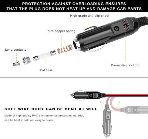 2PCS Fused Cigarette Lighter Male Plug, 12V 15A Car Cigar Plug Connector with Leads & LED Light, Heavy Duty 16 AWG Fused Socket Cord Power Supply Accessories for Vehicles in Kuwait