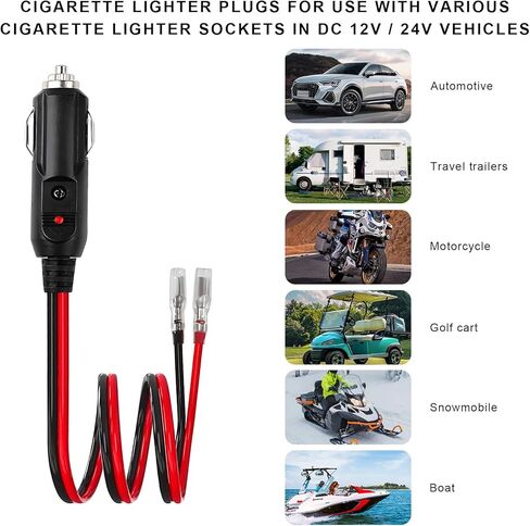 2PCS Fused Cigarette Lighter Male Plug, 12V 15A Car Cigar Plug Connector with Leads & LED Light, Heavy Duty 16 AWG Fused Socket Cord Power Supply Accessories for Vehicles in Kuwait