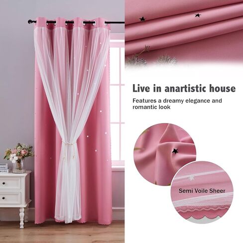 Dreamy Star Cutout Blackout Curtains with White Sheer,Double Layer Curtains for Girls Bedroom, Hollow Out Drapes for Nursery (2 Panel,52Wx63L,Pink) in Saudi Arabia