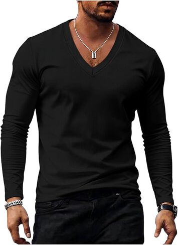 Long Sleeve Shirts for Men - Casual Soft Breathable Full Sleeves Mens V Neck T Shirts in Kuwait