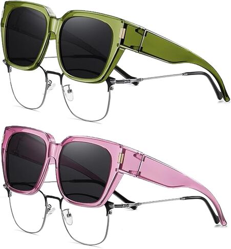 نظارات شمسية HAOLOTA GreenGrey+PurpleGrey مستقطبة تناسب أكثر من النظارات الشمسية للنساء والرجال، التفاف مربع عصري حول ظلال حماية من الأشعة فوق البنفسجية in Kuwait