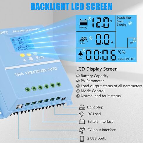 100A MPPT Solar Charge Controller Solar Panel Intelligent Regulator 12V 24V 36V 48V Dual USB Ports Max 100V Input for Lead-Acid/Lithium, Blue in Saudi Arabia