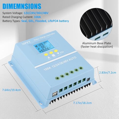 100A MPPT Solar Charge Controller Solar Panel Intelligent Regulator 12V 24V 36V 48V Dual USB Ports Max 100V Input for Lead-Acid/Lithium, Blue in Saudi Arabia