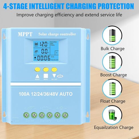 100A MPPT Solar Charge Controller Solar Panel Intelligent Regulator 12V 24V 36V 48V Dual USB Ports Max 100V Input for Lead-Acid/Lithium, Blue in Saudi Arabia
