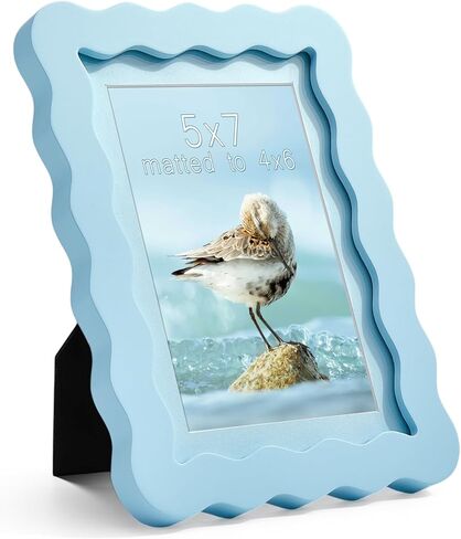 5x7 Blue Picture Frame with Mat for 4x6, Curved Wavy Edge Deco Wooden Real Glass, Vertical or Horizontal Display Photo Gallery Wall & Tabletop Frame in Saudi Arabia