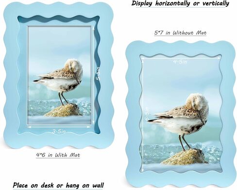 5x7 Blue Picture Frame with Mat for 4x6, Curved Wavy Edge Deco Wooden Real Glass, Vertical or Horizontal Display Photo Gallery Wall & Tabletop Frame in Saudi Arabia
