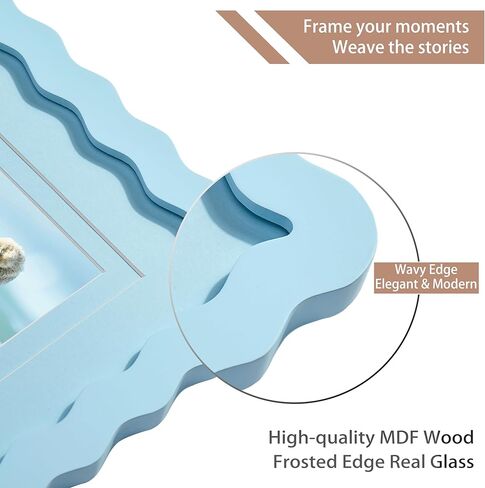 5x7 Blue Picture Frame with Mat for 4x6, Curved Wavy Edge Deco Wooden Real Glass, Vertical or Horizontal Display Photo Gallery Wall & Tabletop Frame in Saudi Arabia