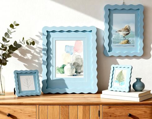 5x7 Blue Picture Frame with Mat for 4x6, Curved Wavy Edge Deco Wooden Real Glass, Vertical or Horizontal Display Photo Gallery Wall & Tabletop Frame in Saudi Arabia