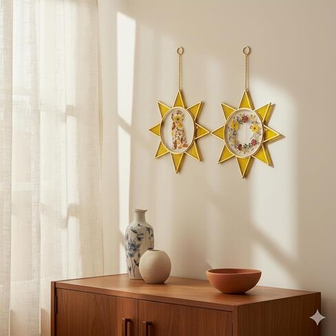 Sunburst Pressed Flower Frames with Tweezers, Decorative Wall Art Hanging Tabletop Display Double Glass Frames with Metal Chain for Dried Flowers Plants, Horizontal Picture Frame, Golden Décor in Kuwait