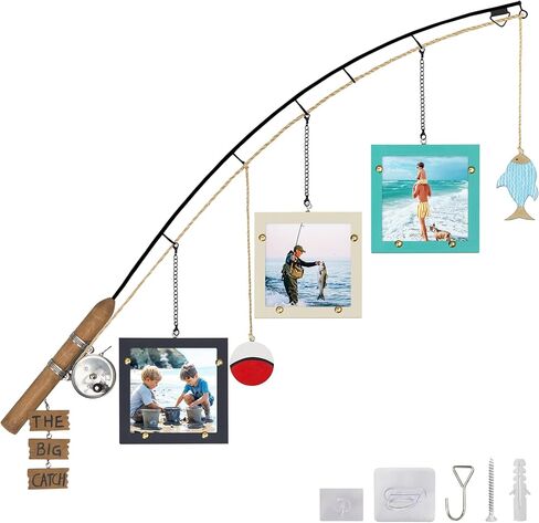 Wood Fishing Pole Picture Frame,Three 4x4'' Picture Frames-Fishing Lake House Gifts,Real Fishing Rod Design,Adjustable Hanging Wall Decor for Cabin,Farmhouse,Fishing Lovers,Fisherman,Boy Room,Husband(Need Install) in Saudi Arabia