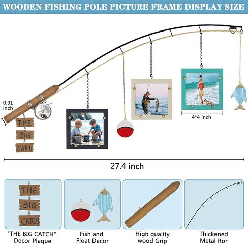 Wood Fishing Pole Picture Frame,Three 4x4'' Picture Frames-Fishing Lake House Gifts,Real Fishing Rod Design,Adjustable Hanging Wall Decor for Cabin,Farmhouse,Fishing Lovers,Fisherman,Boy Room,Husband(Need Install) in Saudi Arabia