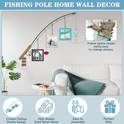 Wood Fishing Pole Picture Frame,Three 4x4'' Picture Frames-Fishing Lake House Gifts,Real Fishing Rod Design,Adjustable Hanging Wall Decor for Cabin,Farmhouse,Fishing Lovers,Fisherman,Boy Room,Husband(Need Install) in Saudi Arabia
