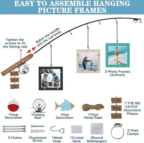 Wood Fishing Pole Picture Frame,Three 4x4'' Picture Frames-Fishing Lake House Gifts,Real Fishing Rod Design,Adjustable Hanging Wall Decor for Cabin,Farmhouse,Fishing Lovers,Fisherman,Boy Room,Husband(Need Install) in Saudi Arabia