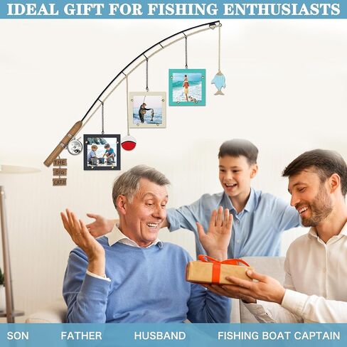 Wood Fishing Pole Picture Frame,Three 4x4'' Picture Frames-Fishing Lake House Gifts,Real Fishing Rod Design,Adjustable Hanging Wall Decor for Cabin,Farmhouse,Fishing Lovers,Fisherman,Boy Room,Husband(Need Install) in Saudi Arabia
