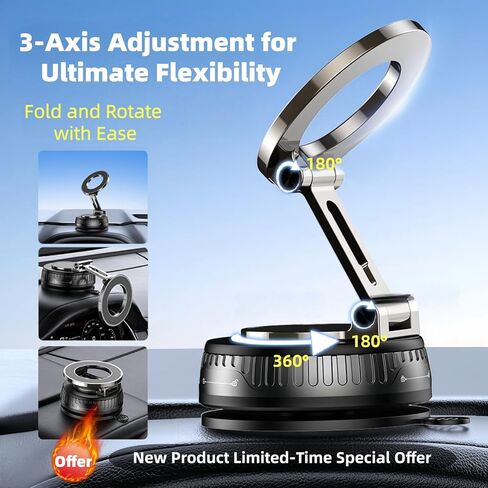 2026 Upgraded Magnetic Car Phone Mount for MagSafe: 360° Rotatable Adjustable Holder with 180+LBS Strong Suction Cup & 4200gf Magnet, Compatible with iPhone Series & Android Devices, Black in Kuwait