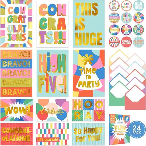 Decorably 24 Pack Gold-Foiled 6x4in Fun Blank Congratulations Card Set with Envelopes & Stickers, 12 Colorful Designs for Graduations, Promotions, Appreciation for Coworkers, Compliment, Recognition in Saudi Arabia