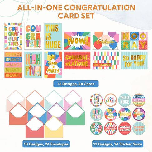 Decorably 24 Pack Gold-Foiled 6x4in Fun Blank Congratulations Card Set with Envelopes & Stickers, 12 Colorful Designs for Graduations, Promotions, Appreciation for Coworkers, Compliment, Recognition in Saudi Arabia