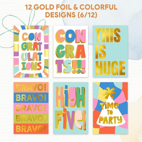 Decorably 24 Pack Gold-Foiled 6x4in Fun Blank Congratulations Card Set with Envelopes & Stickers, 12 Colorful Designs for Graduations, Promotions, Appreciation for Coworkers, Compliment, Recognition in Saudi Arabia