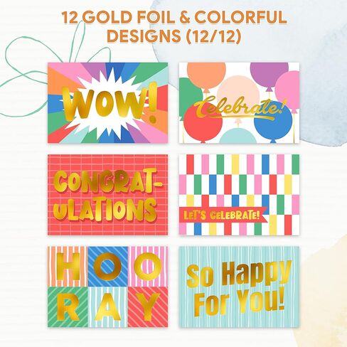 Decorably 24 Pack Gold-Foiled 6x4in Fun Blank Congratulations Card Set with Envelopes & Stickers, 12 Colorful Designs for Graduations, Promotions, Appreciation for Coworkers, Compliment, Recognition in Saudi Arabia