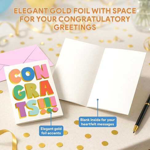 Decorably 24 Pack Gold-Foiled 6x4in Fun Blank Congratulations Card Set with Envelopes & Stickers, 12 Colorful Designs for Graduations, Promotions, Appreciation for Coworkers, Compliment, Recognition in Saudi Arabia