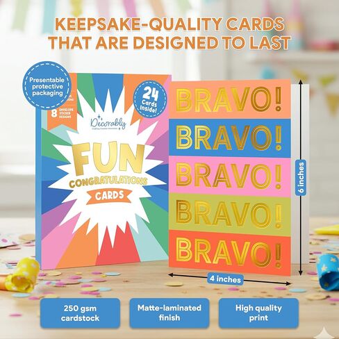 Decorably 24 Pack Gold-Foiled 6x4in Fun Blank Congratulations Card Set with Envelopes & Stickers, 12 Colorful Designs for Graduations, Promotions, Appreciation for Coworkers, Compliment, Recognition in Saudi Arabia