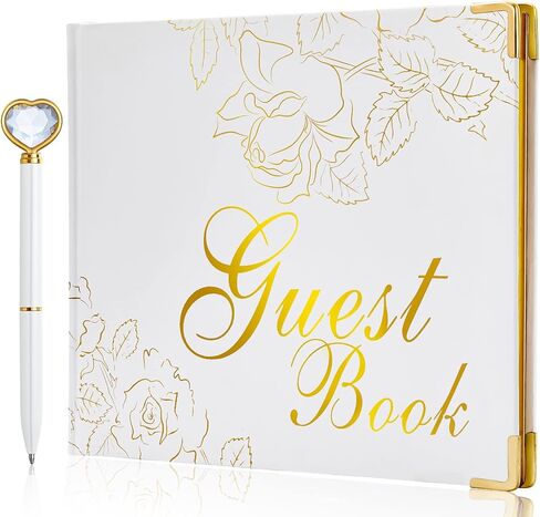 كتاب الضيوف مع قلم - غلاف مقوى مقاس 9 × 7 بوصة 120 صفحة/60 ورقة - حواف مطلية برقائق ذهبية للضيوف للتوقيع في حفل زفاف أو حفلة أو حفل زفاف أو حفل زفاف (أبيض) in Kuwait