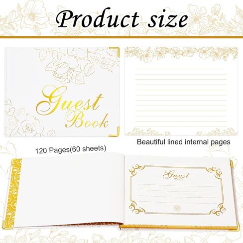 كتاب الضيوف مع قلم - غلاف مقوى مقاس 9 × 7 بوصة 120 صفحة/60 ورقة - حواف مطلية برقائق ذهبية للضيوف للتوقيع في حفل زفاف أو حفلة أو حفل زفاف أو حفل زفاف (أبيض) in Kuwait