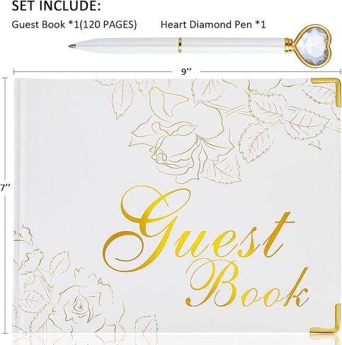 كتاب الضيوف مع قلم - غلاف مقوى مقاس 9 × 7 بوصة 120 صفحة/60 ورقة - حواف مطلية برقائق ذهبية للضيوف للتوقيع في حفل زفاف أو حفلة أو حفل زفاف أو حفل زفاف (أبيض) in Kuwait