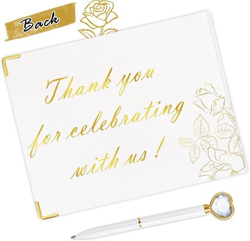 كتاب الضيوف مع قلم - غلاف مقوى مقاس 9 × 7 بوصة 120 صفحة/60 ورقة - حواف مطلية برقائق ذهبية للضيوف للتوقيع في حفل زفاف أو حفلة أو حفل زفاف أو حفل زفاف (أبيض) in Kuwait