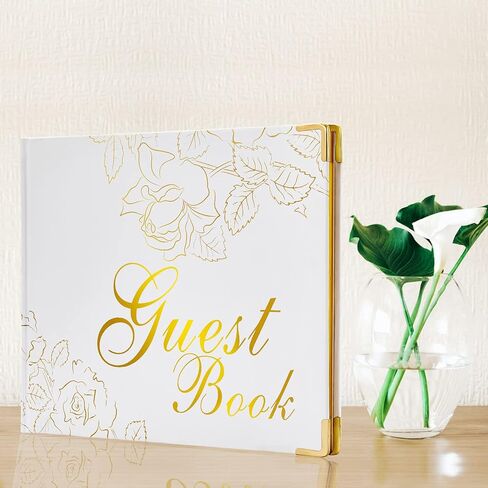 كتاب الضيوف مع قلم - غلاف مقوى مقاس 9 × 7 بوصة 120 صفحة/60 ورقة - حواف مطلية برقائق ذهبية للضيوف للتوقيع في حفل زفاف أو حفلة أو حفل زفاف أو حفل زفاف (أبيض) in Kuwait