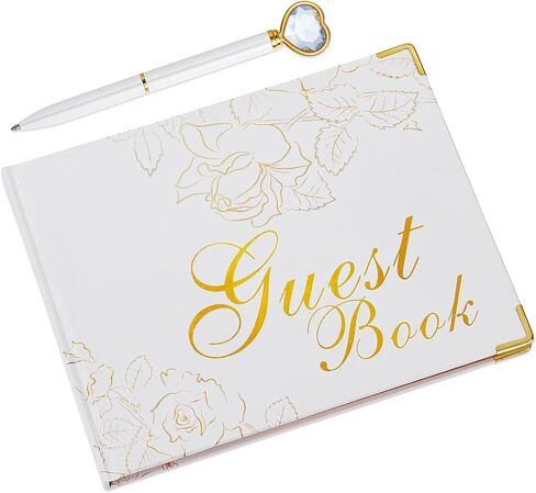 كتاب الضيوف مع قلم - غلاف مقوى مقاس 9 × 7 بوصة 120 صفحة/60 ورقة - حواف مطلية برقائق ذهبية للضيوف للتوقيع في حفل زفاف أو حفلة أو حفل زفاف أو حفل زفاف (أبيض) in Kuwait