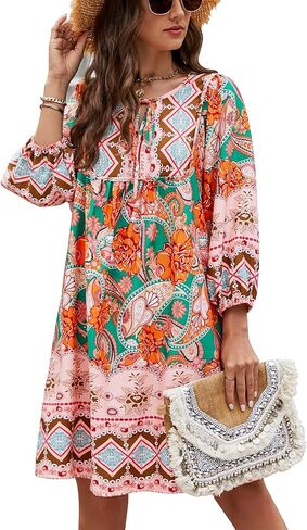 Bluetime Women Casual Summer Dress Boho V Neck 3/4 Sleeve Babydoll Floral Print Flowy Beach Dress in Kuwait