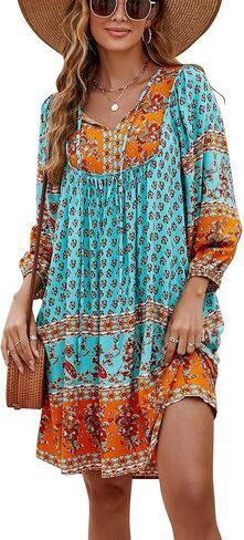 Bluetime Women Casual Summer Dress Boho V Neck 3/4 Sleeve Babydoll Floral Print Flowy Beach Dress in Saudi Arabia