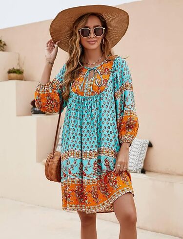 Bluetime Women Casual Summer Dress Boho V Neck 3/4 Sleeve Babydoll Floral Print Flowy Beach Dress in Saudi Arabia