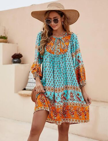 Bluetime Women Casual Summer Dress Boho V Neck 3/4 Sleeve Babydoll Floral Print Flowy Beach Dress in Saudi Arabia