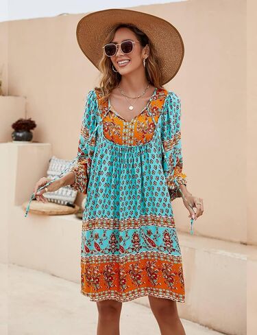 Bluetime Women Casual Summer Dress Boho V Neck 3/4 Sleeve Babydoll Floral Print Flowy Beach Dress in Saudi Arabia