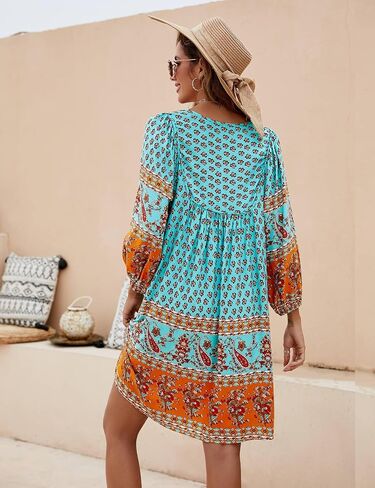 Bluetime Women Casual Summer Dress Boho V Neck 3/4 Sleeve Babydoll Floral Print Flowy Beach Dress in Saudi Arabia