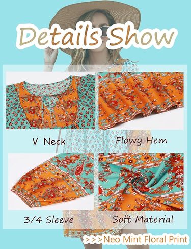 Bluetime Women Casual Summer Dress Boho V Neck 3/4 Sleeve Babydoll Floral Print Flowy Beach Dress in Saudi Arabia