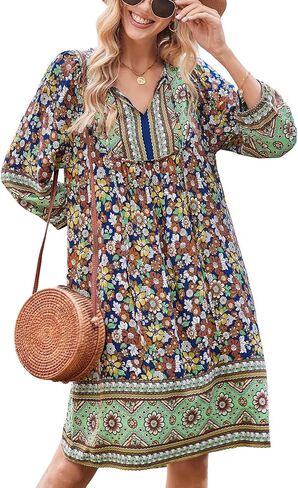 Bluetime Women Casual Summer Dress Boho V Neck 3/4 Sleeve Babydoll Floral Print Flowy Beach Dress in Saudi Arabia