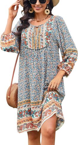Bluetime Women Casual Summer Dress Boho V Neck 3/4 Sleeve Babydoll Floral Print Flowy Beach Dress in Saudi Arabia