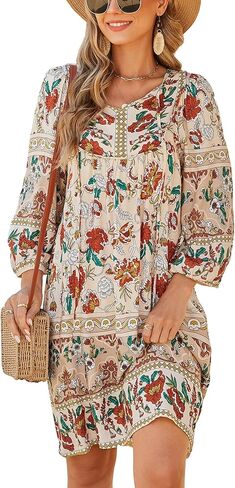Bluetime Women Casual Summer Dress Boho V Neck 3/4 Sleeve Babydoll Floral Print Flowy Beach Dress in Saudi Arabia