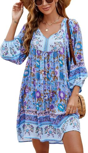 Bluetime Women Casual Summer Dress Boho V Neck 3/4 Sleeve Babydoll Floral Print Flowy Beach Dress in Saudi Arabia