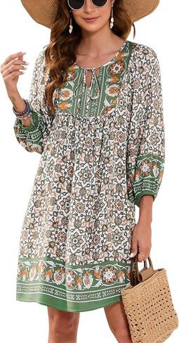 Bluetime Women Casual Summer Dress Boho V Neck 3/4 Sleeve Babydoll Floral Print Flowy Beach Dress in Saudi Arabia